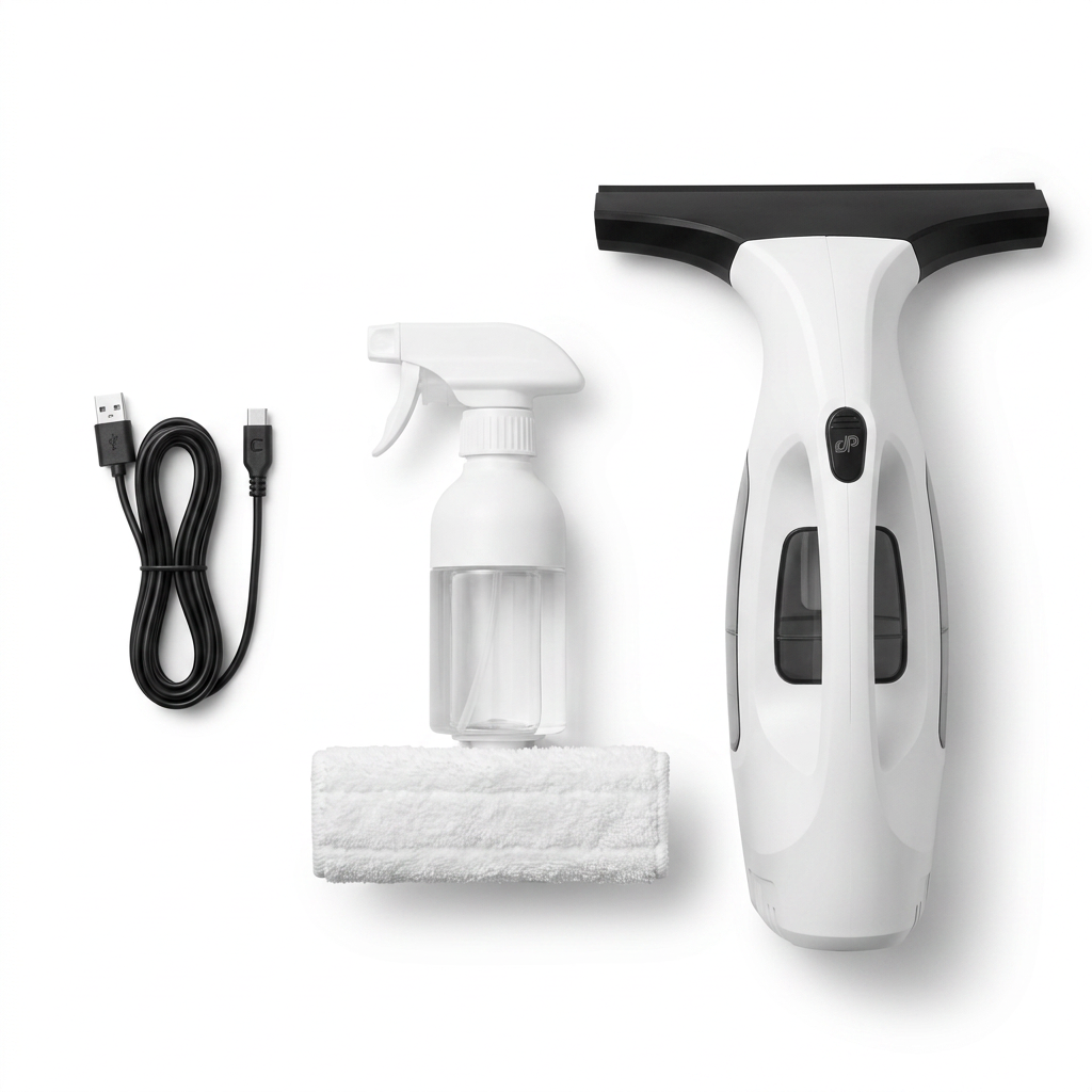 ClearSwipe kit — cordless window vacuum, trigger spray bottle and USB-C charging cable